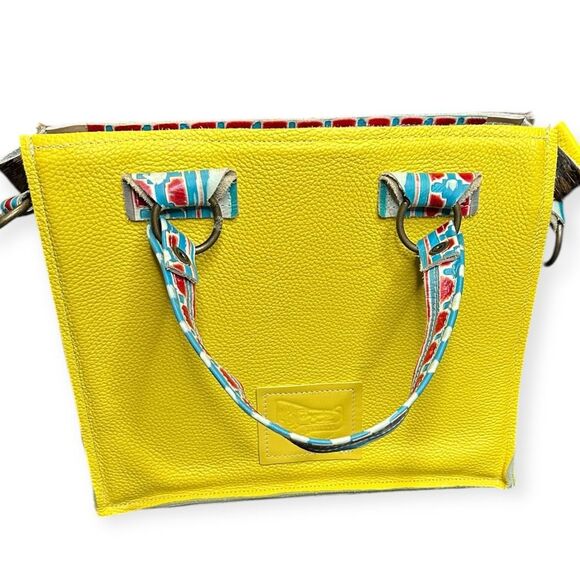 DANCING CACTUS DESIGNS Yellow Leather & Cowhide Tote Bag with Removable Strap - Picture 2 of 10